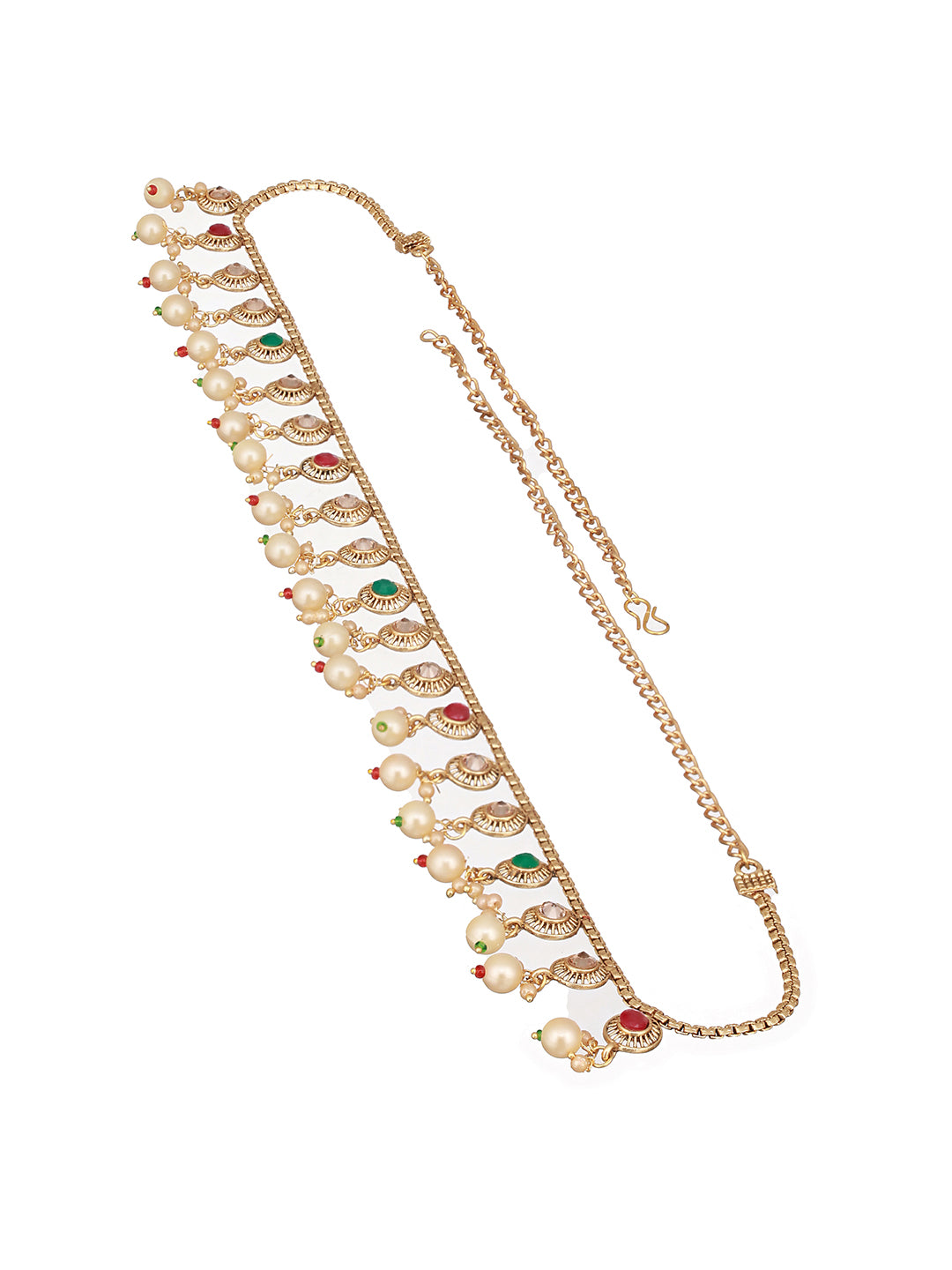 Gold Plated Multi colored Stones & Pearl Beaded Designer Hip Chain Kamarbandh