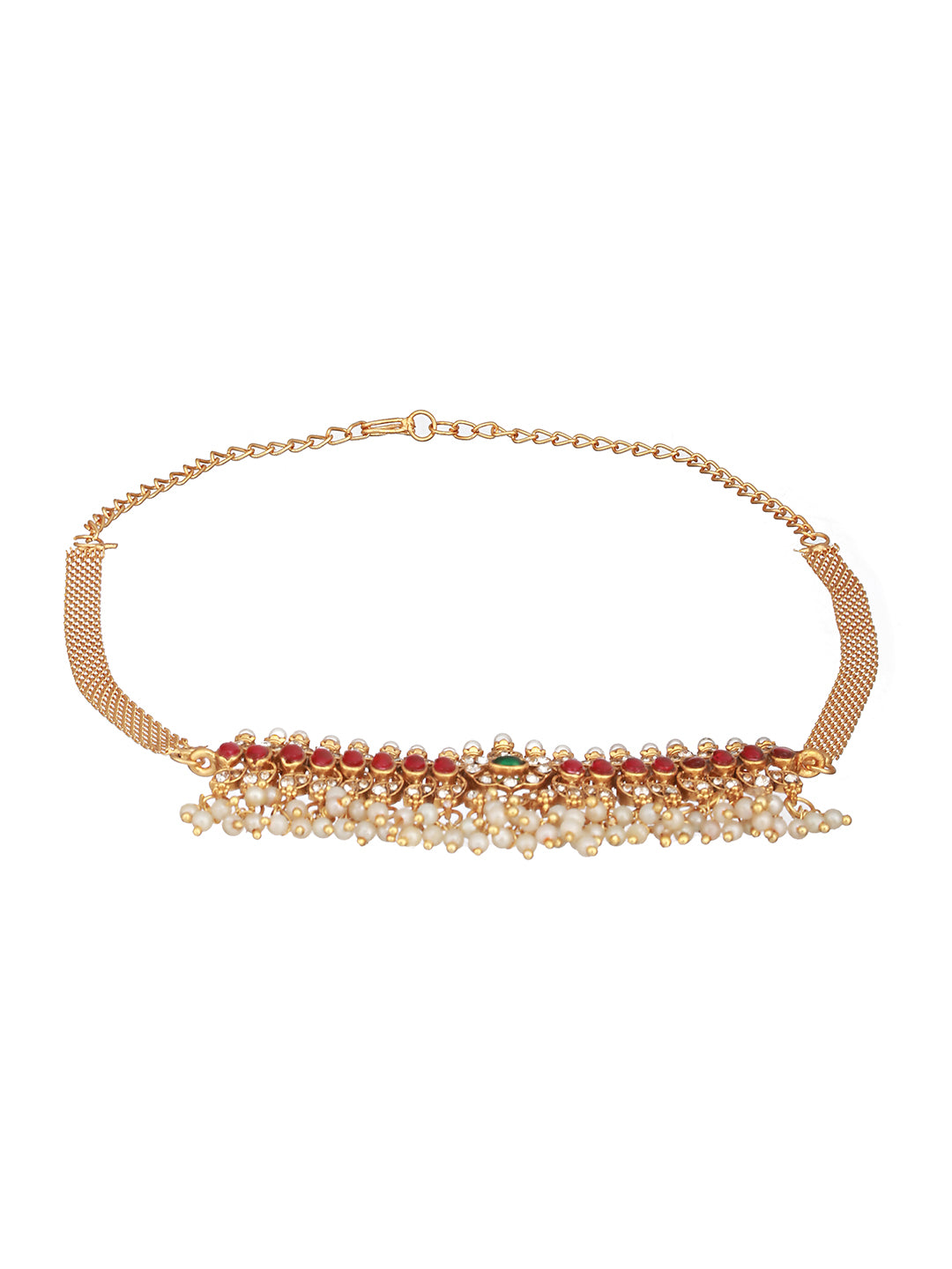 Gold Plated Jadau Studded Pearl Beaded Multicoloured Delicate Chain Choker Jewellery  Set