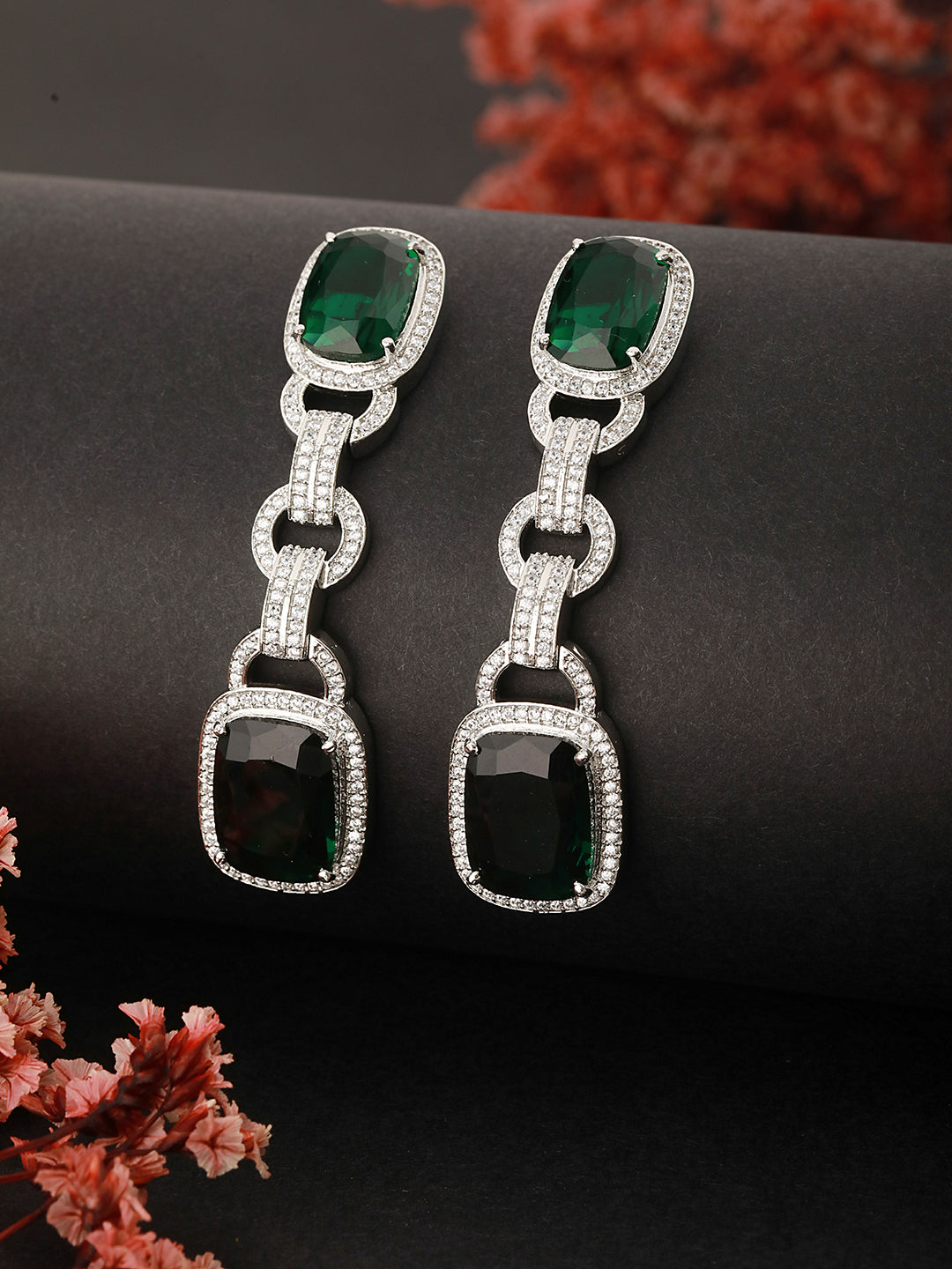 Rhodium Green Zircon Long Dangler Luxe Designer Earrings