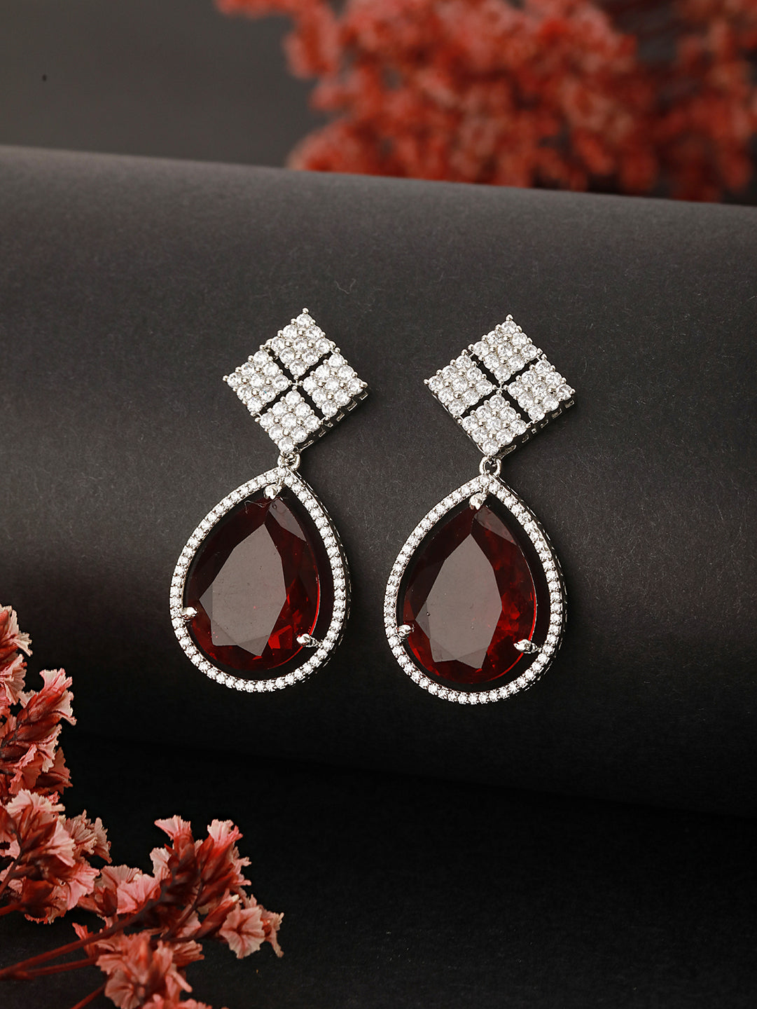 Silver Plated Red AD Studded Geometric Drop Designer Earrings