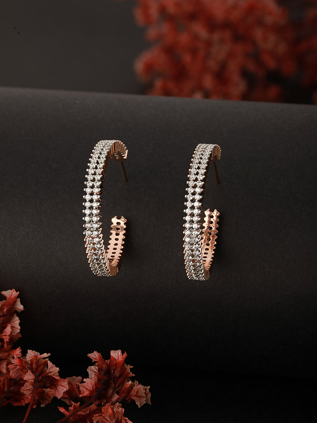Rose Gold Plated Zircon Studded Minimal Hoop Earrings