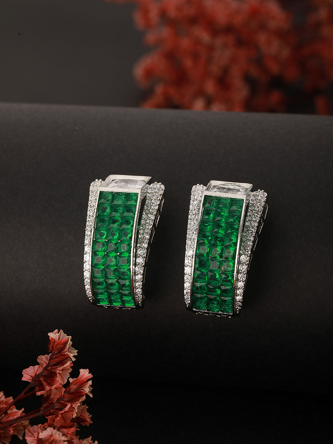 Rhodium  Green Emerald Cubic Zirconia  Luxe Hoop Studds Earring