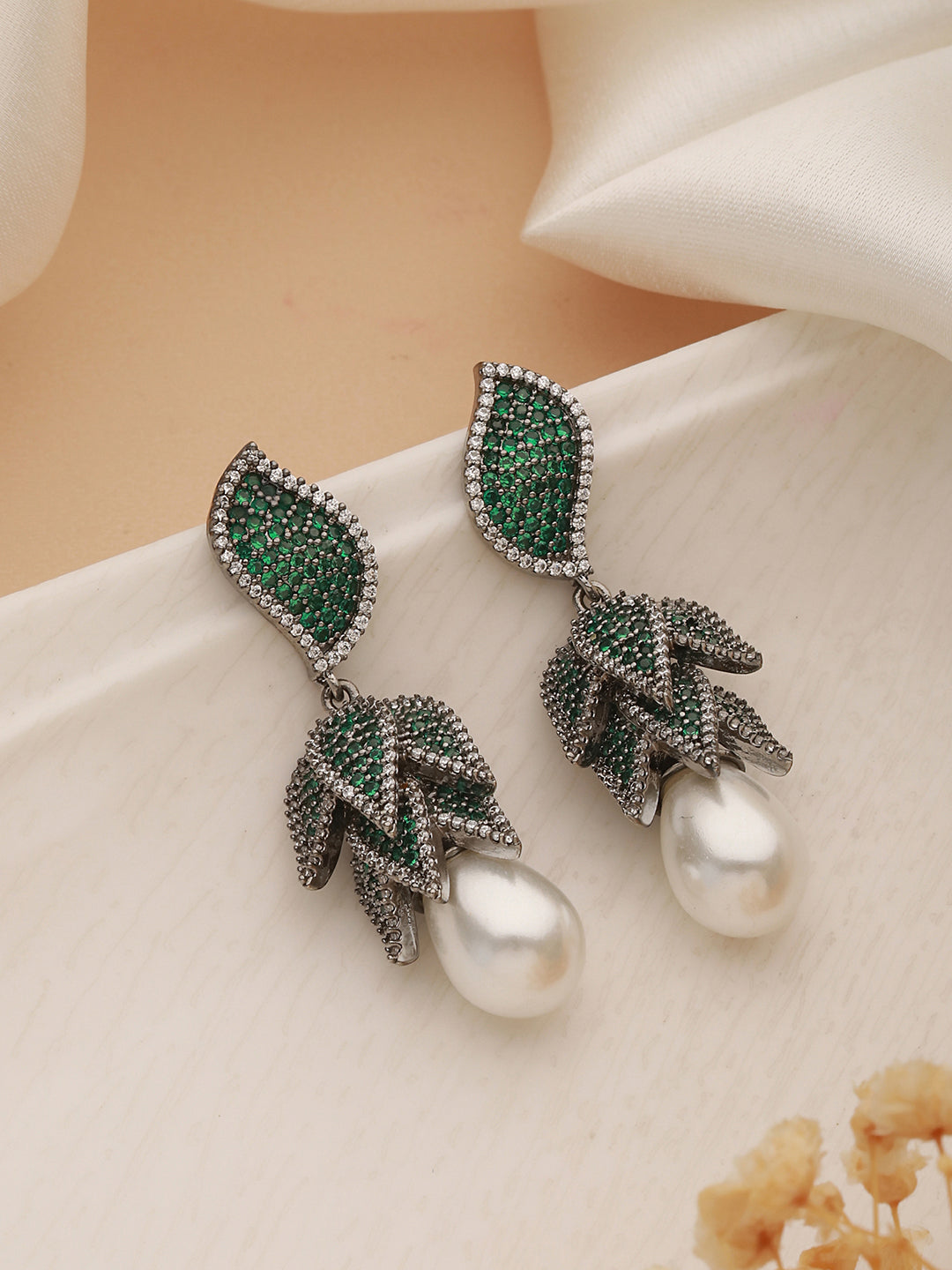 Silver Toned Green AD & Pearl Beaded Luxe Designer Drop Earring
