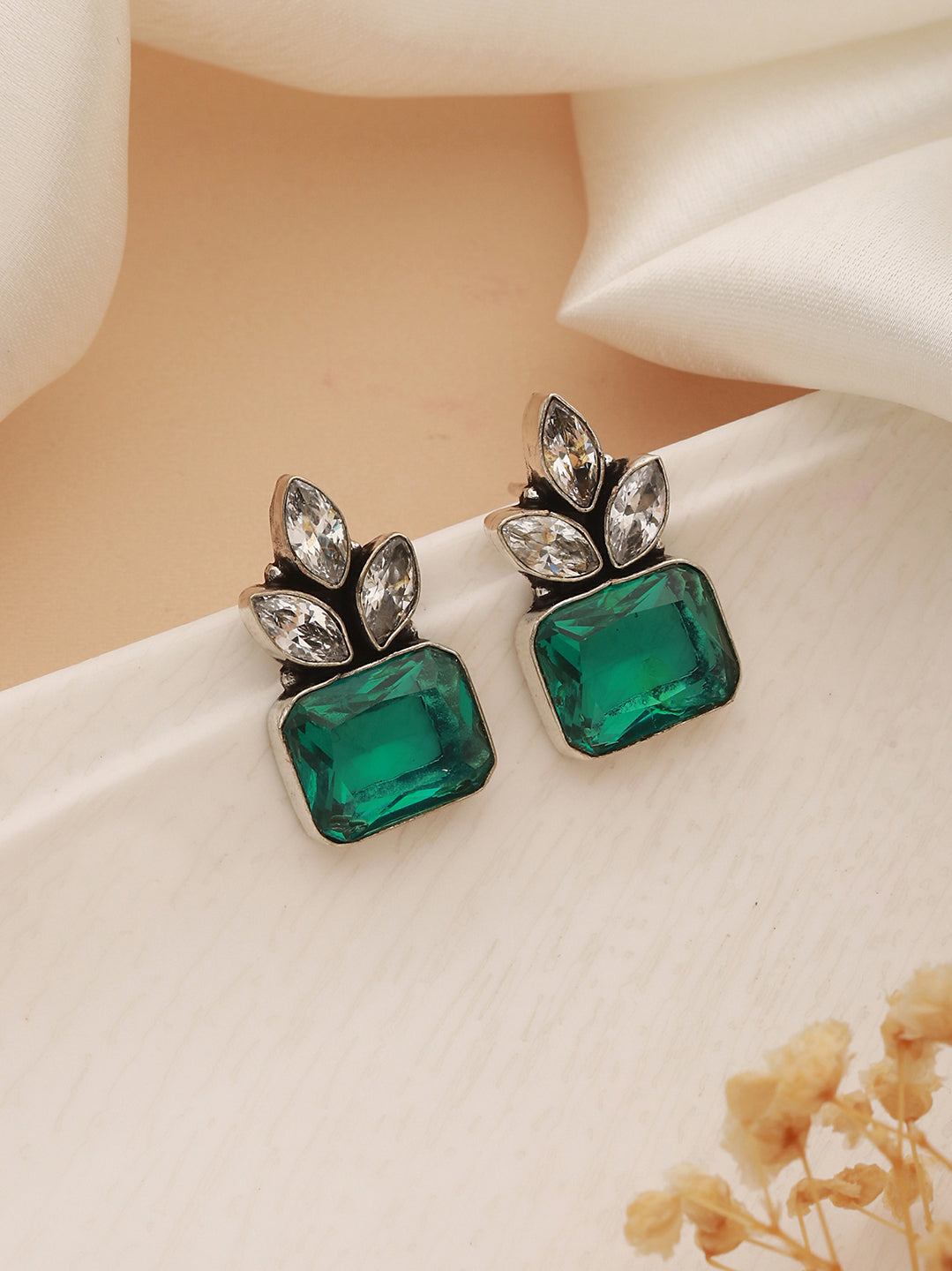 Silver Toned Green Turquoise Minimal Officewear Studds Earrings