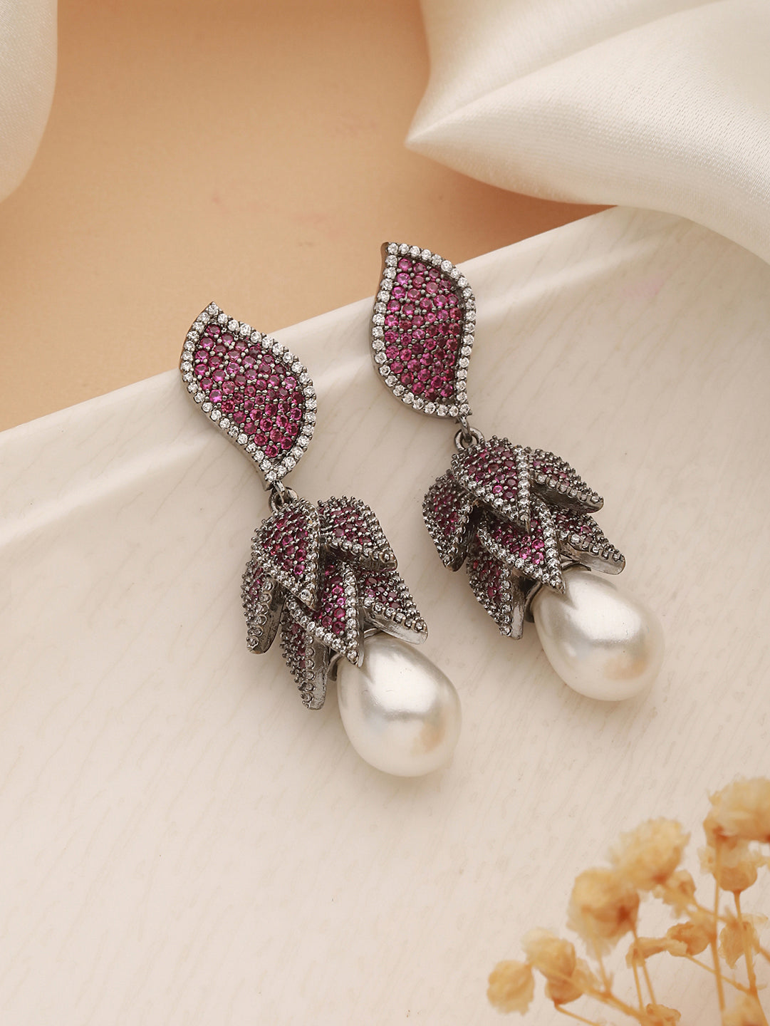 Silver Plated Red Cubic Zircon & Pearl Beaded Luxe Floral Dangler  Earring