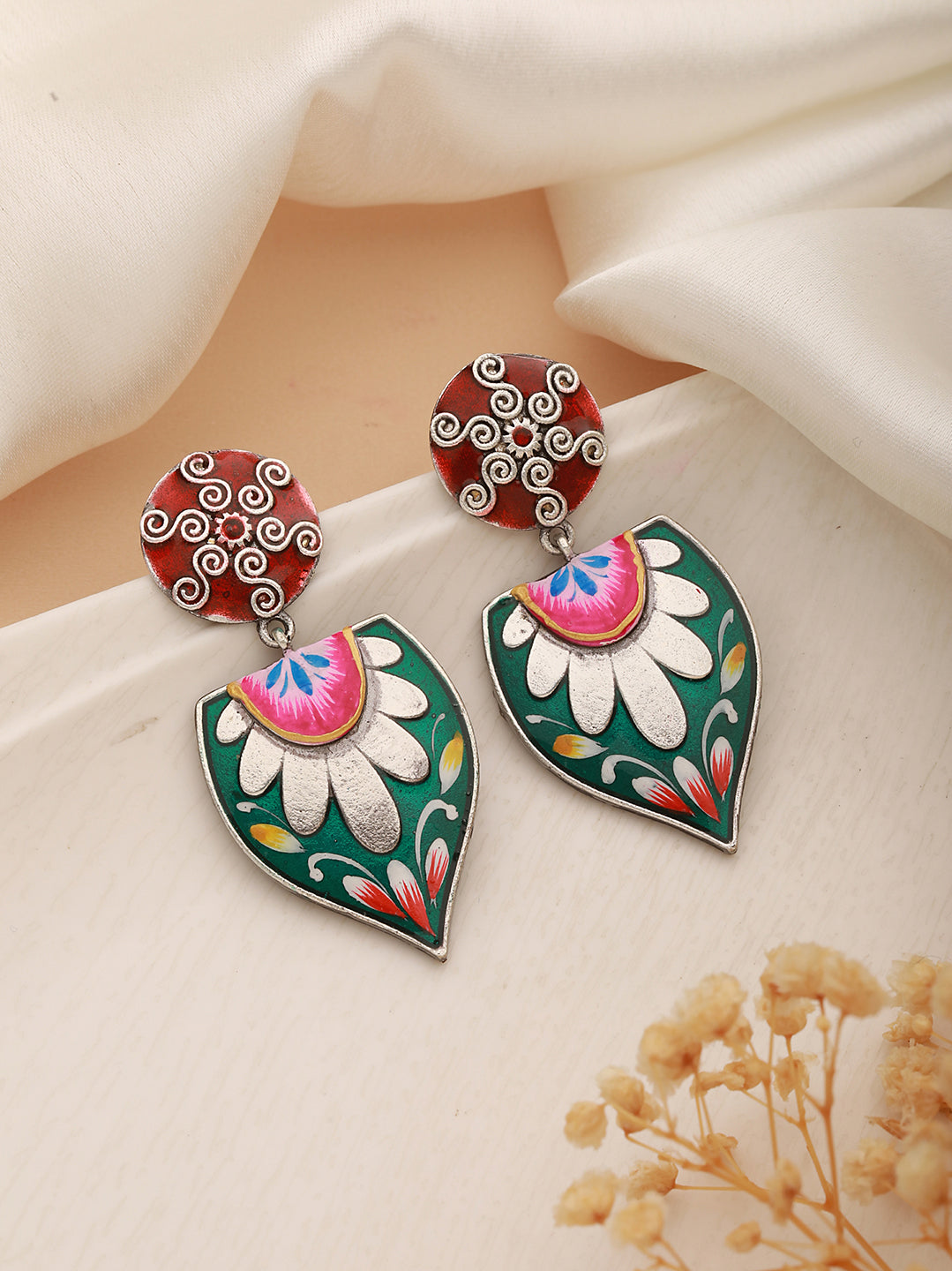 Oxidised Silver Toned Red & Green Handpainted Chandelier Minimal Earring