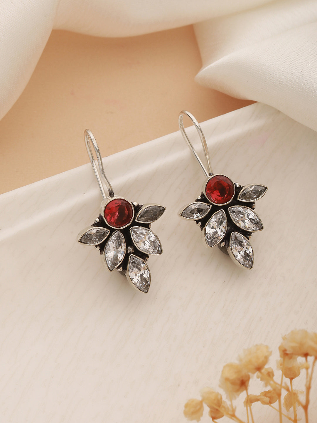 Oxidised Silver Toned Red Garnet Minimal Officewear Fish Hook Earrings