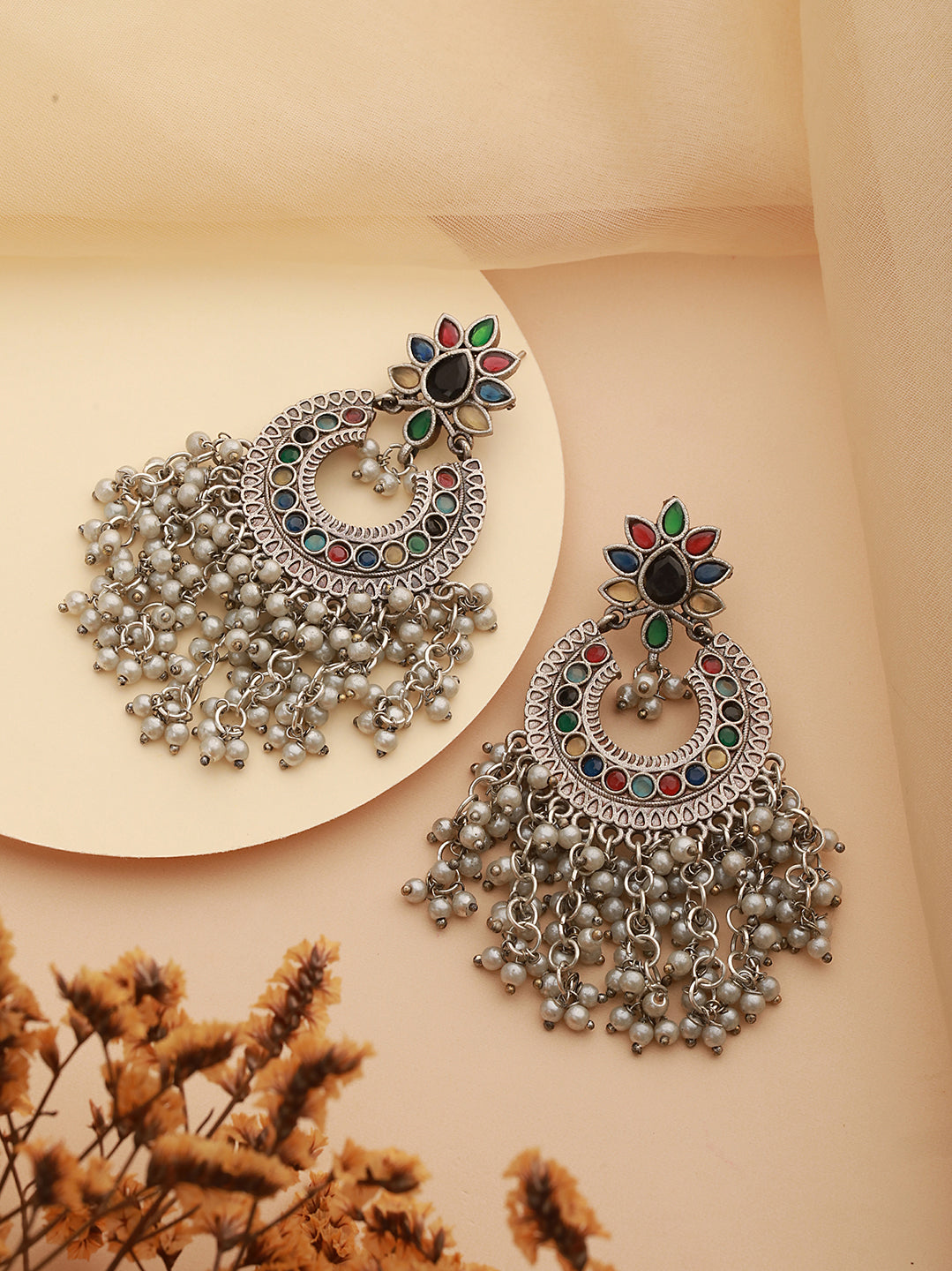 Oxidised Silver Plated Nav Ratan Stoned & Pearl Beaded Chanbali Chandelier Earrings