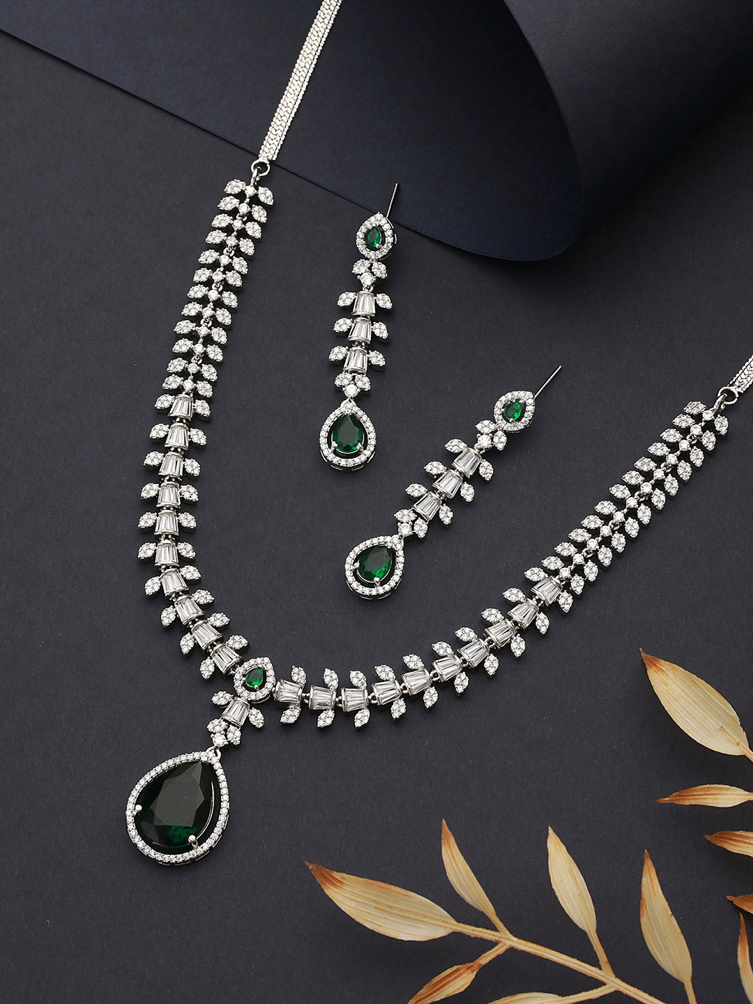 Rhodium Green Emerald Bagatte Zircon Studded Occasionwear Pendant Jewellery  Set