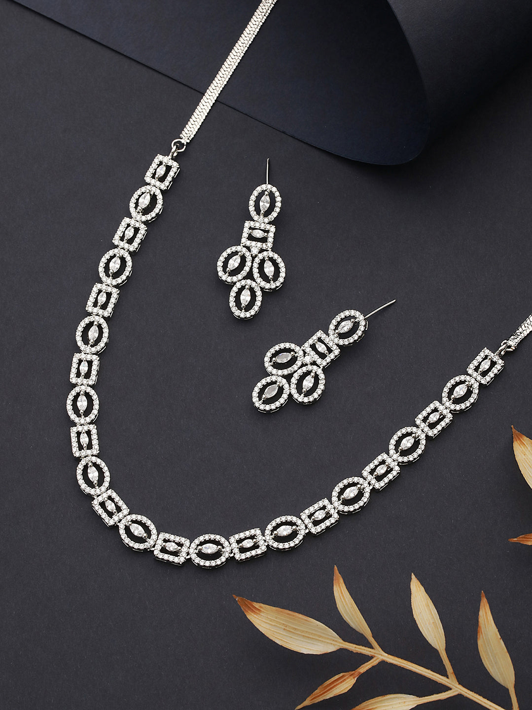 Rhodium Cubic Zircon Studded Contemporary Minimal Necklace Jewellery  Set