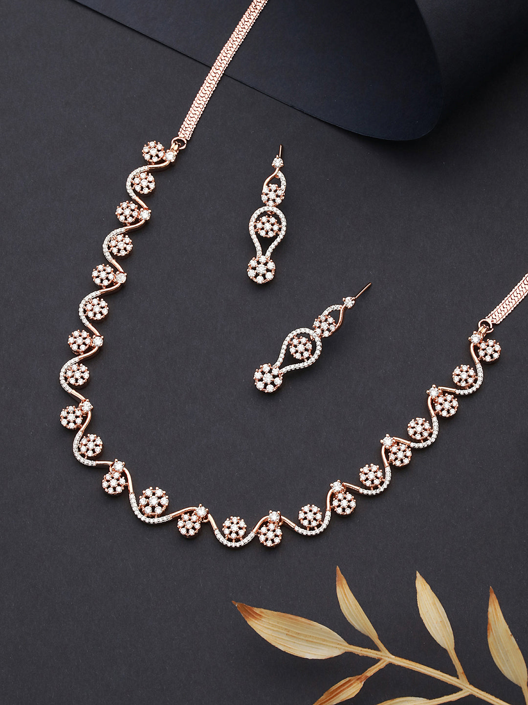 Rose Gold Plated AD Studded Floral Minimal Necklace Jewellery Set