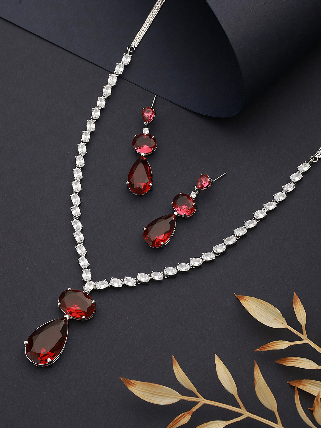 Rhodium Red Ruby Luxe Designer Contemporary Pendant Jewellery Set