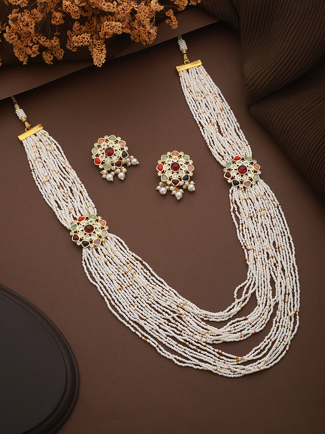 Nav Ratan Kundan Studded Pearl Beaded Haram Layered Royal Jewellery Set