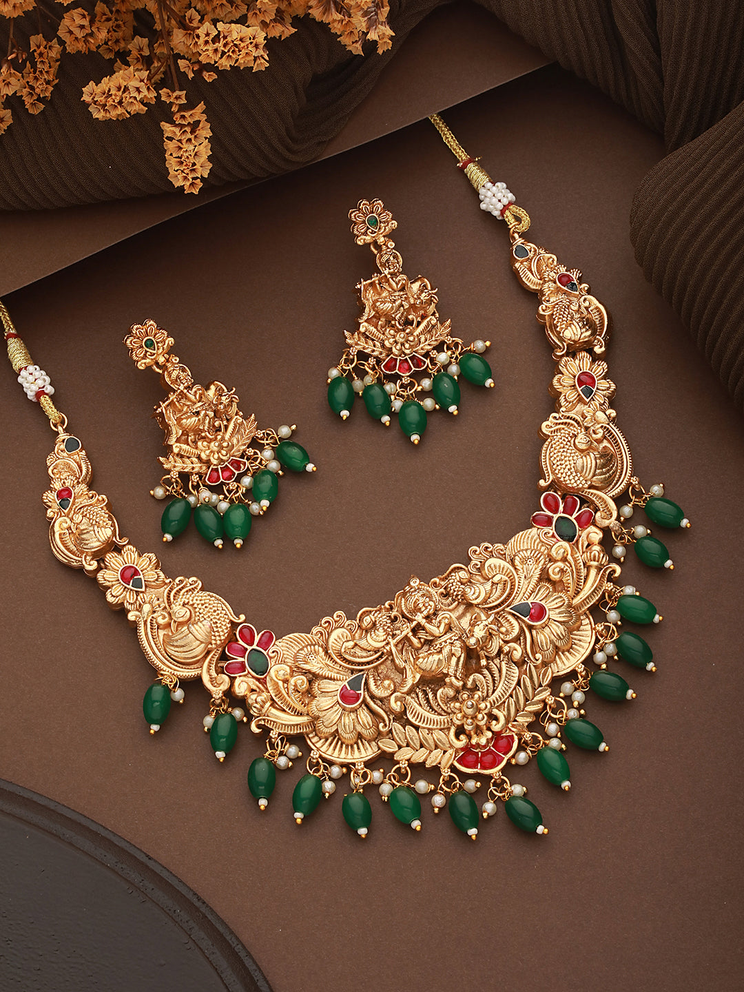 Gold Plated  Jadau Divine Radha  Krishna  Temple  Necklace Jewellery  Set