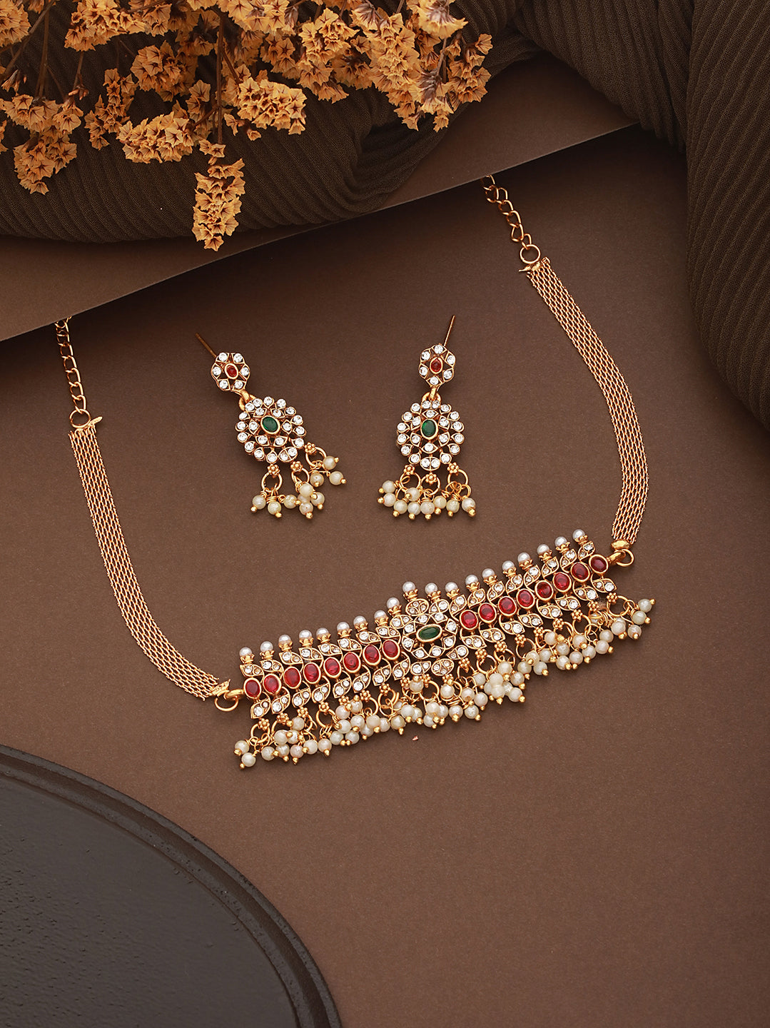 Gold Plated Jadau Studded Pearl Beaded Multicoloured Delicate Chain Choker Jewellery  Set