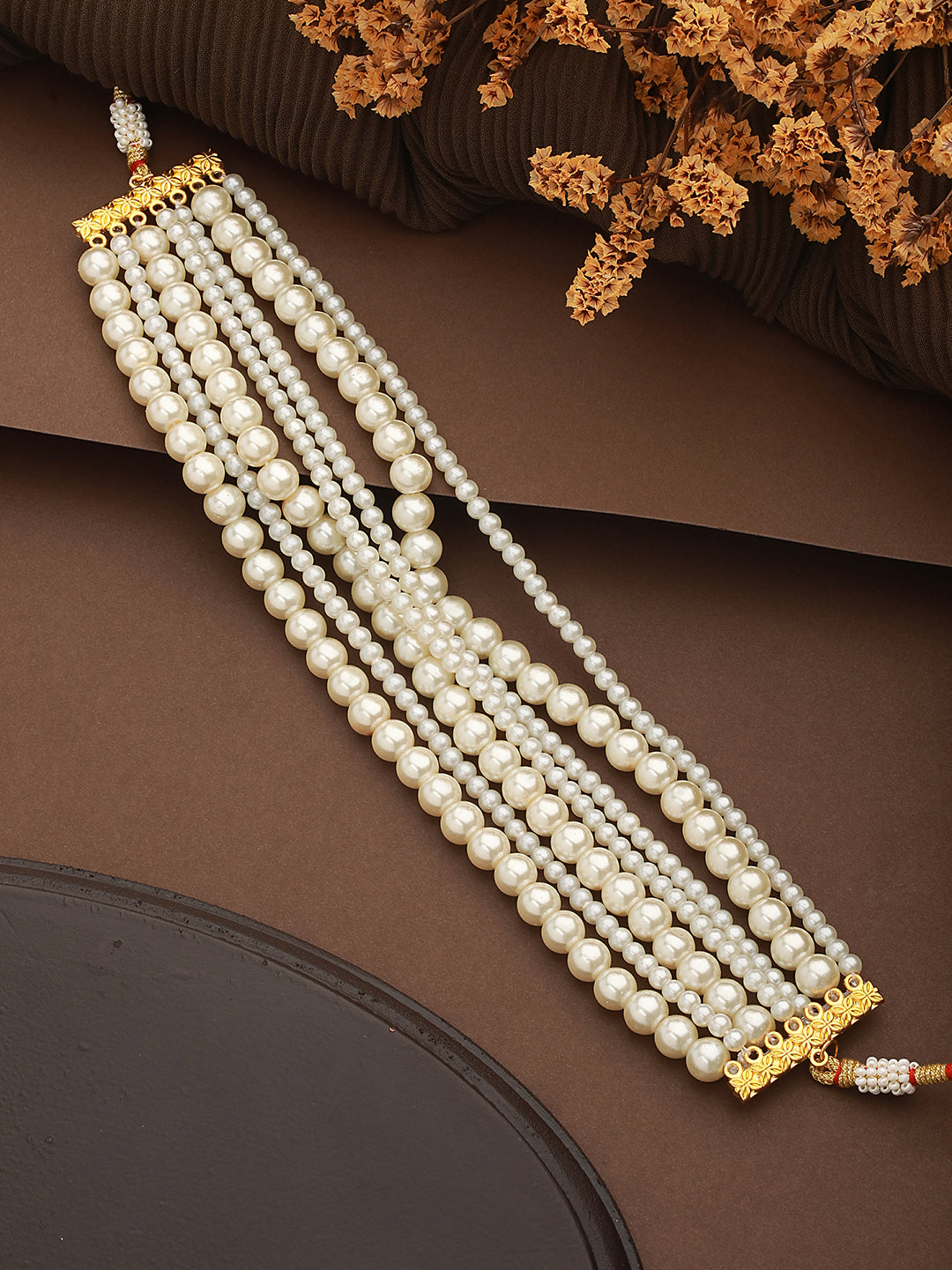 Pearl Beaded 7 Layered Minimal Luxe Choker with AD Earrings  Jewellery  Set