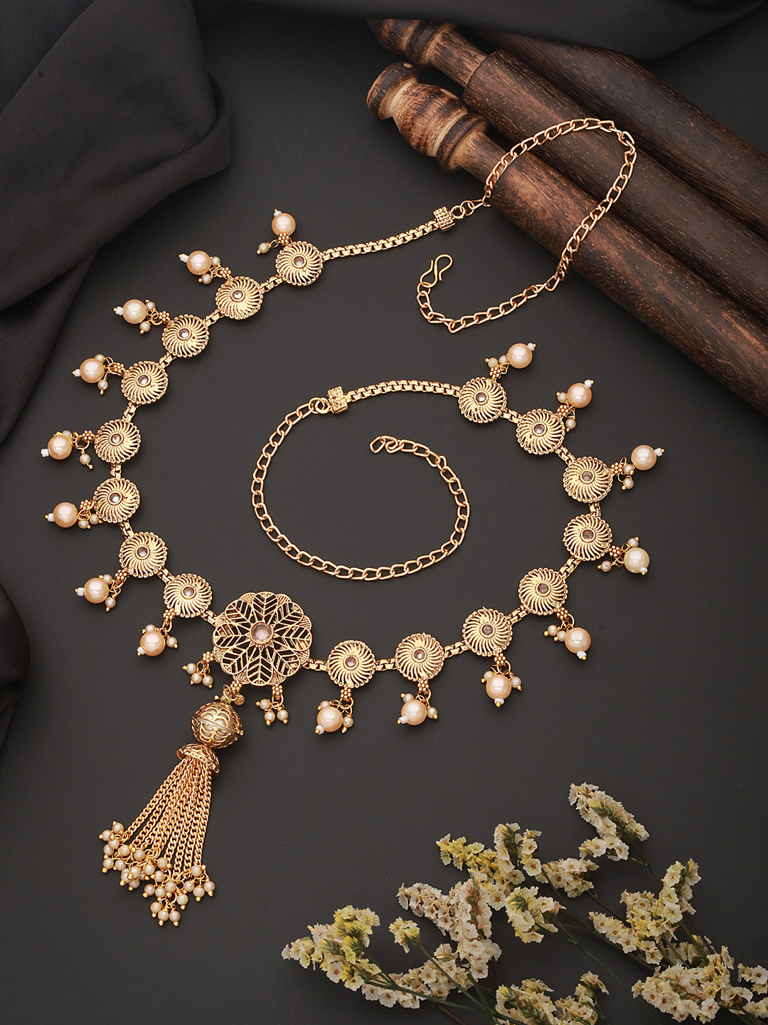 Gold Plated Pearl Beaded Folral Trendy Hip Chain  Kamarbandh