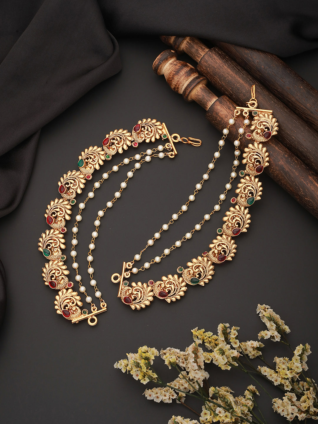 Gold Plated Multi Strand Layered Pearl Beaded Peacock Design Matil Ear Chain Earrings