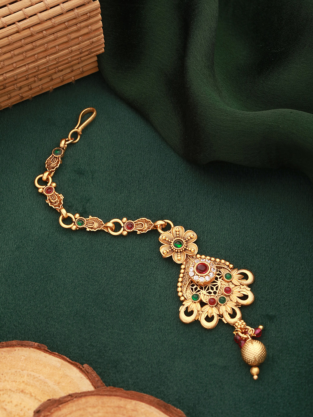 Gold Plated Red & Green Stones Delicate Floral Mangtika