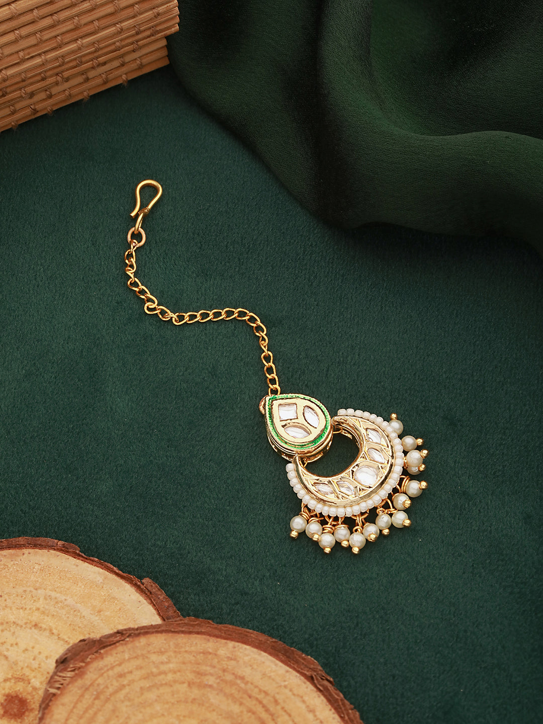 Gold Plated Panchi Kundan & Pearl Beaded Delicate Mangtika