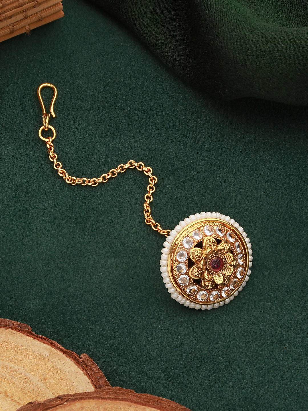 Gold plated Red Stone Studded & Pearl Beaded Delicate Borla Mangtika