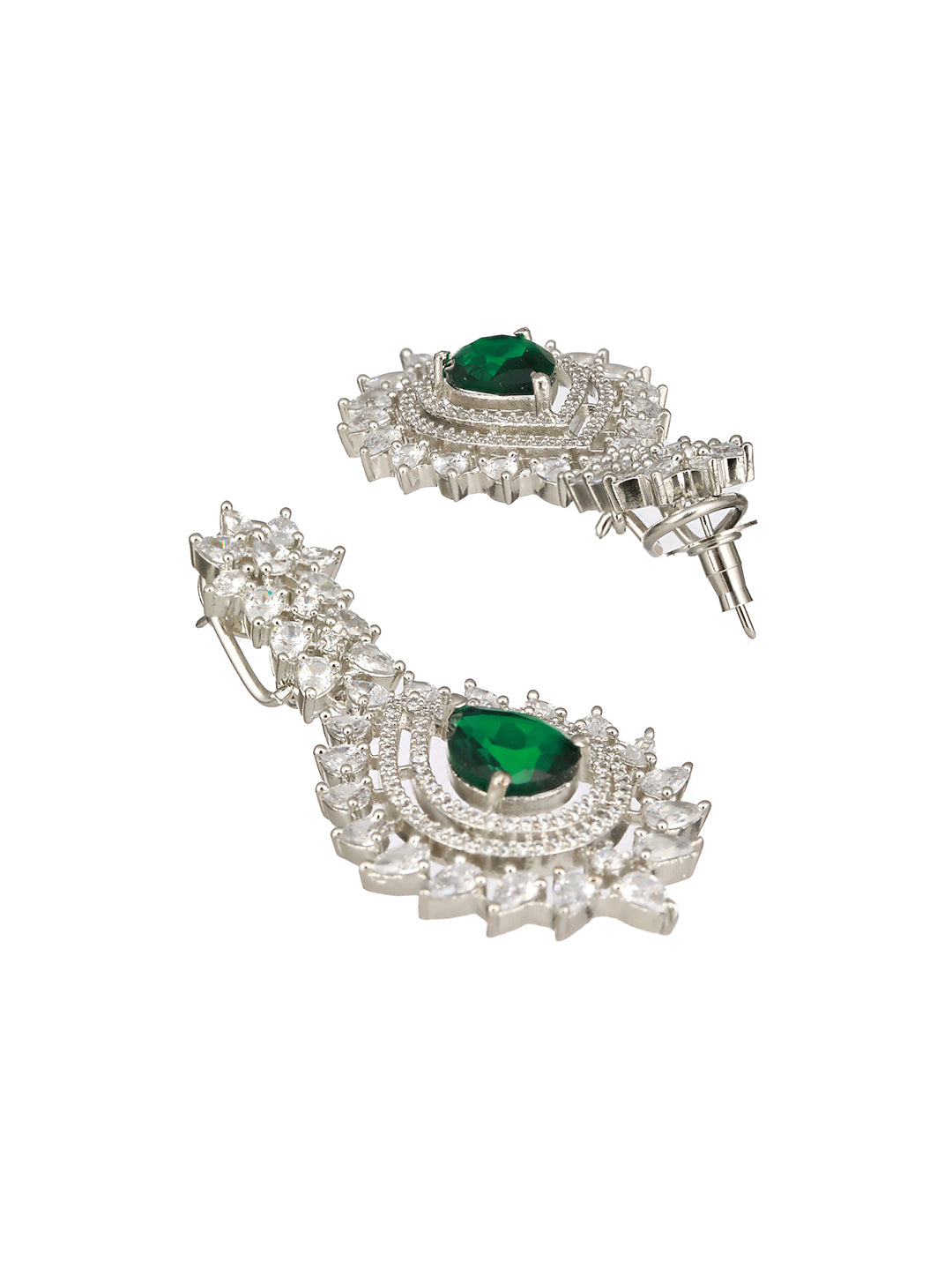 Silver Toned Green Emerald Studded Designer Bridal Necklace Jewellery  Set