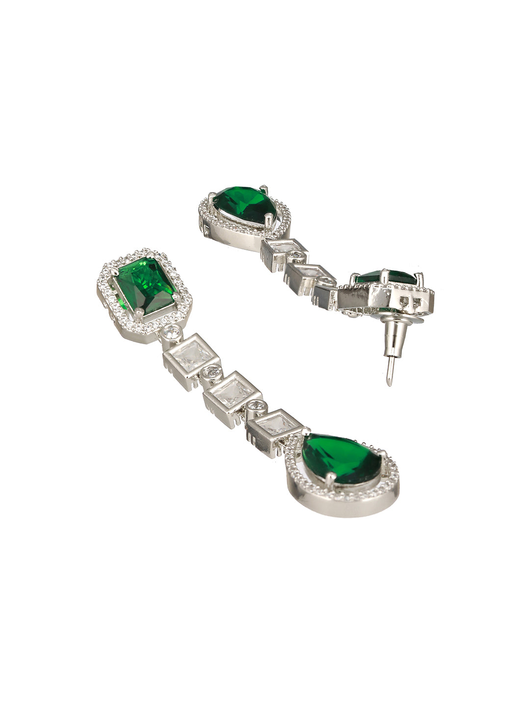 Silver Toned Green Zircon Studded Double Lined Designer Luxe Necklace Jewellery  Set