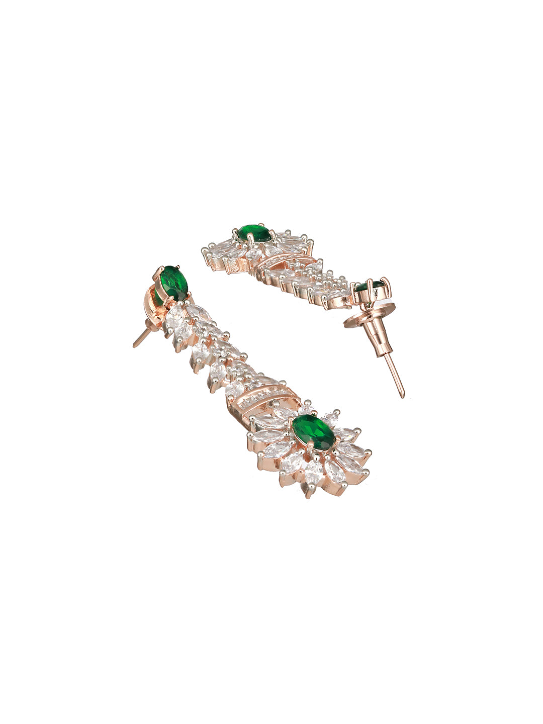 Rose Polish Green  Emerald Studded Minimal  Floral Pendant Necklace Jewellery  Set