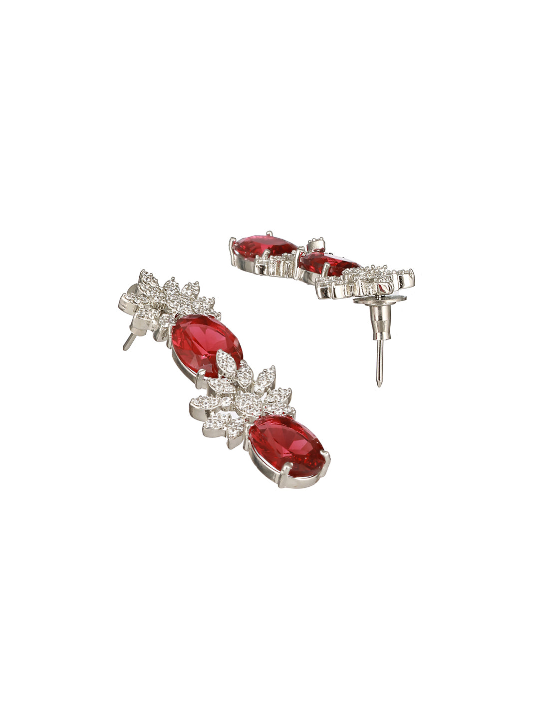 Silver Plated Red ADStudded Designer Floral Design Jewellry Set
