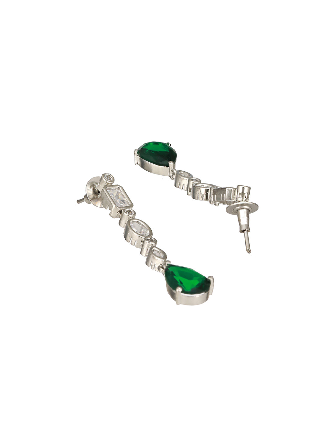 Silver Toned Emerald Green Zircon Studded Minimal Pendant Necklace Jewellery Set