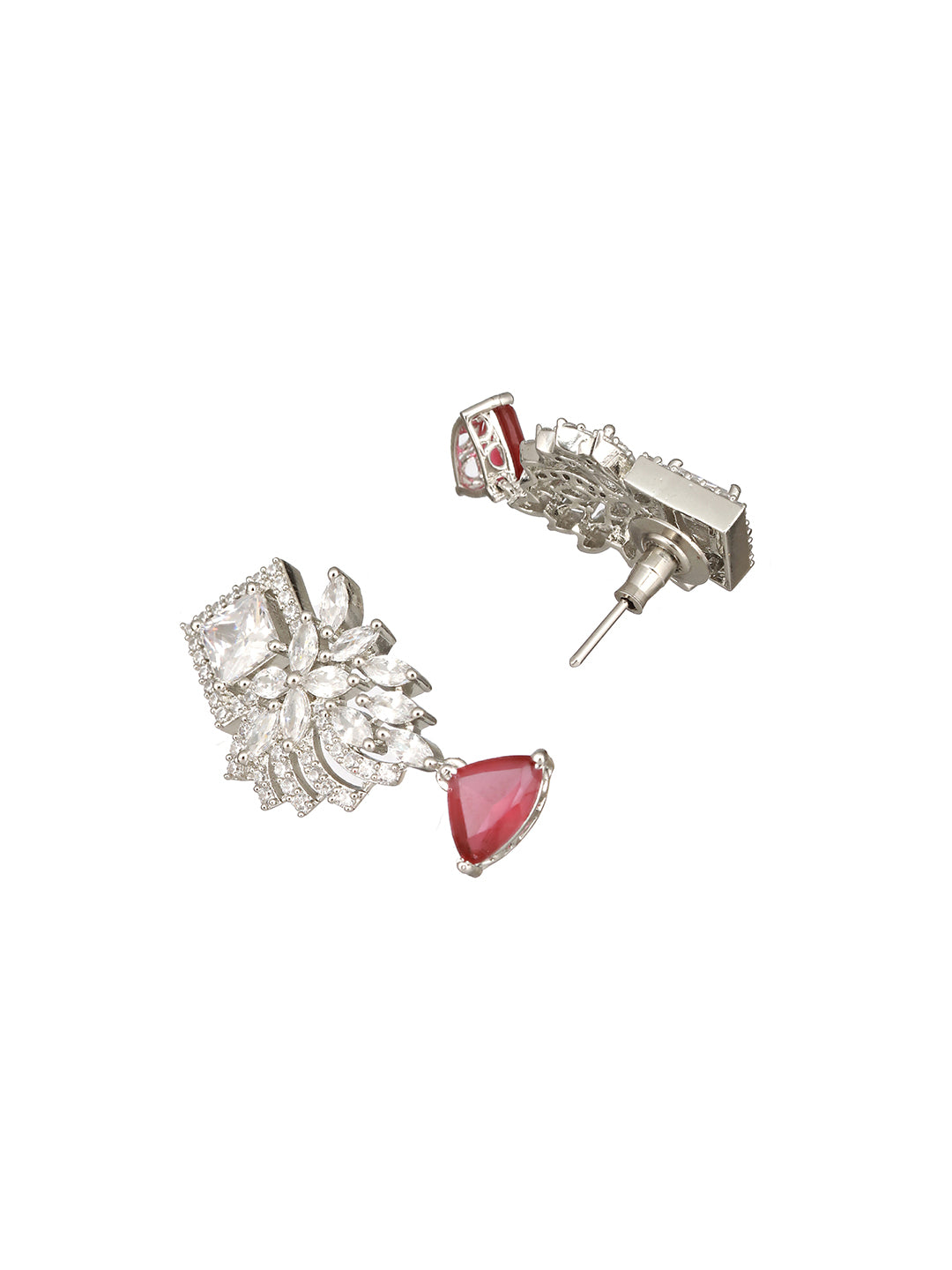 Silver Toned Red Ad Studded  Minimal Quirky Drop Earring