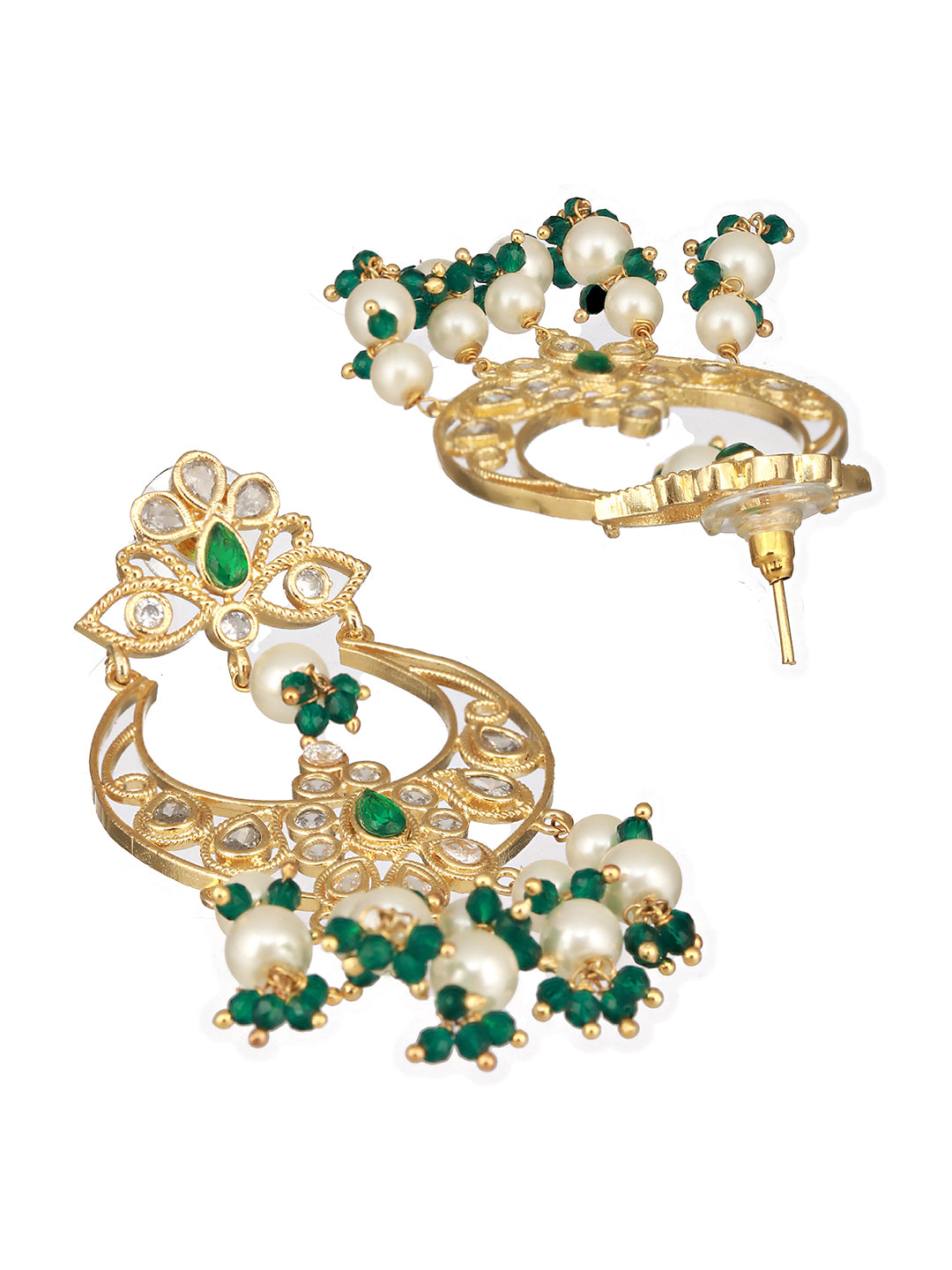 Gold Plated Green Zircon Pearl Beaded Kundan  Crescent Danglers Chandbali Earrings