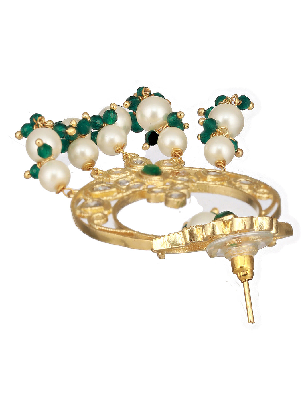 Gold Plated Green Zircon Pearl Beaded Kundan  Crescent Danglers Chandbali Earrings