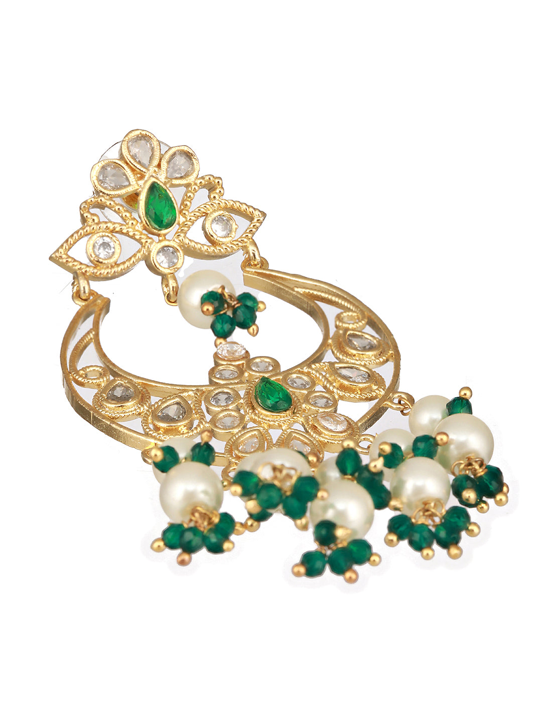 Gold Plated Green Zircon Pearl Beaded Kundan  Crescent Danglers Chandbali Earrings