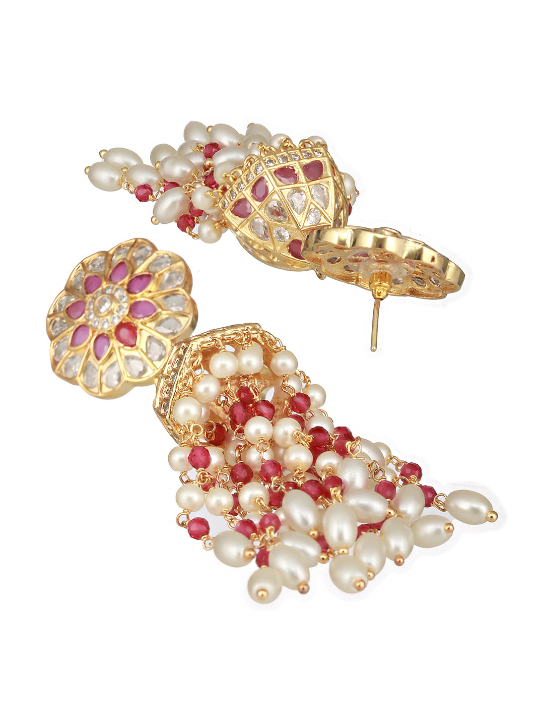 Gold Plated Red AD Pearl Beaded Contemporary Long  Jhumka Earrings