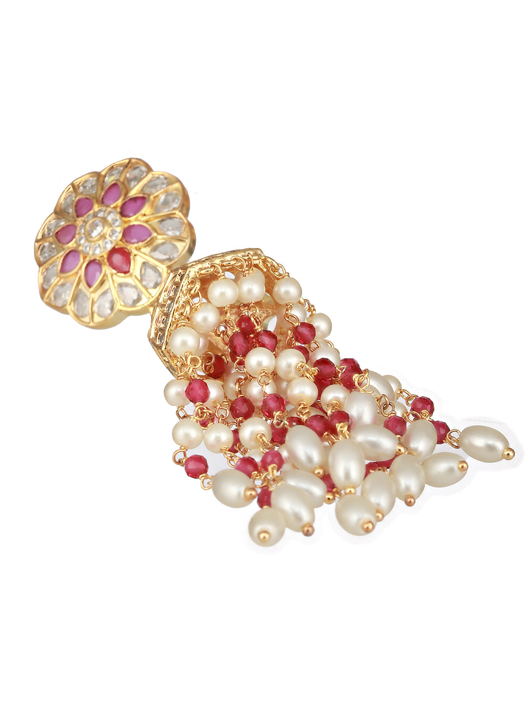 Gold Plated Red AD Pearl Beaded Contemporary Long  Jhumka Earrings