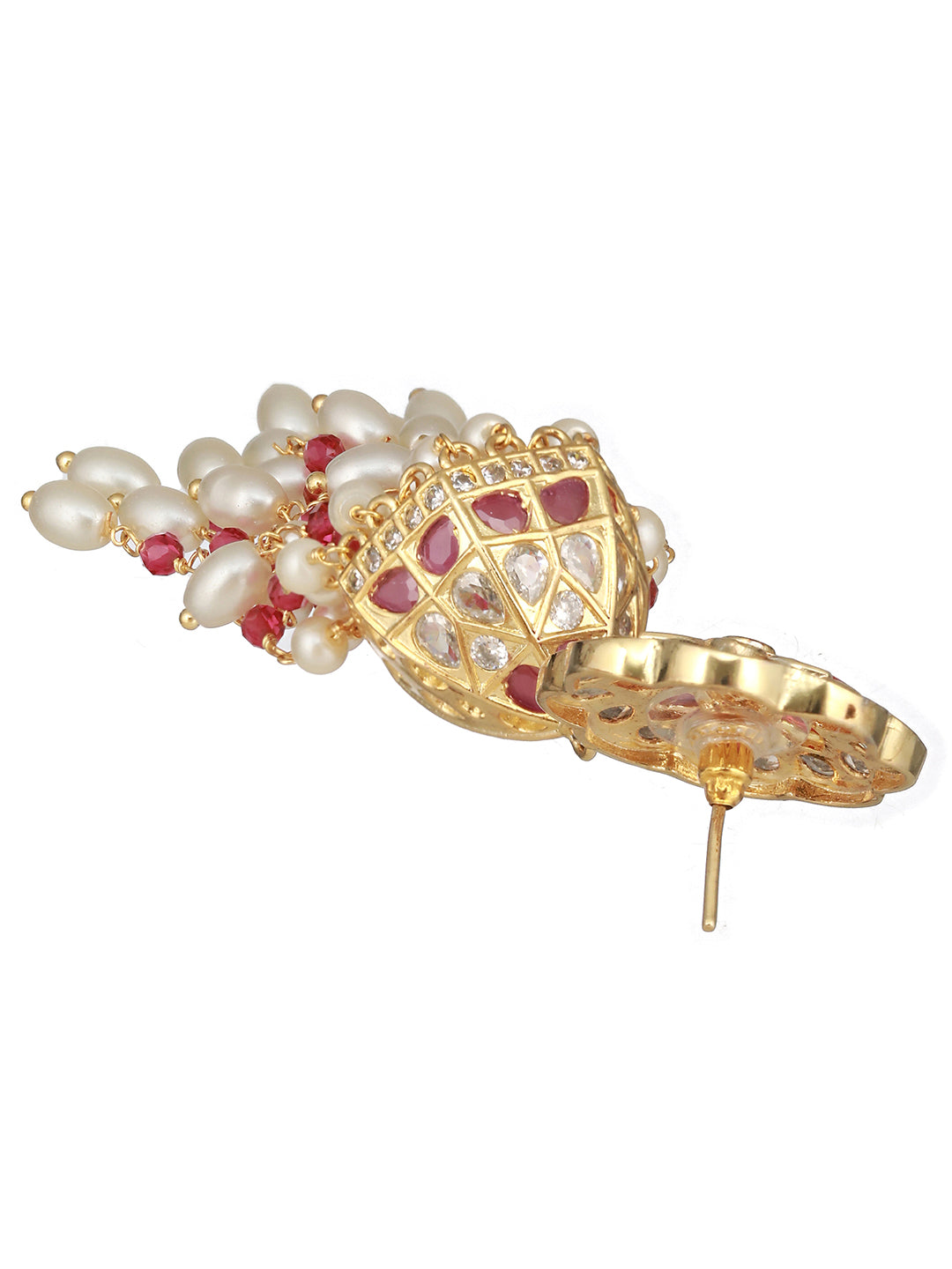 Gold Plated Red AD Pearl Beaded Contemporary Long  Jhumka Earrings