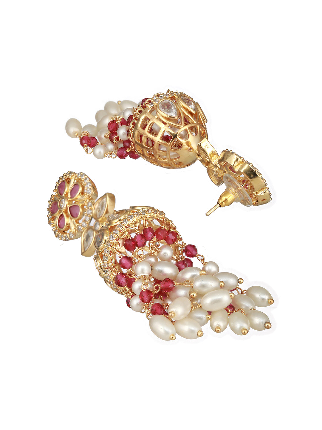 Gold Plated Red AD Studded Designer Floral Long Pearl Earrings