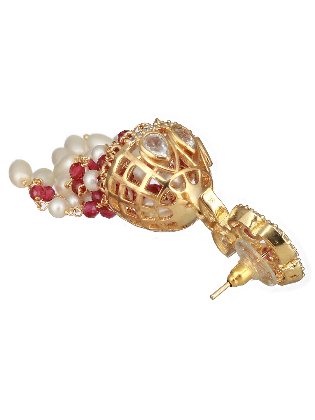 Gold Plated Red AD Studded Designer Floral Long Pearl Earrings