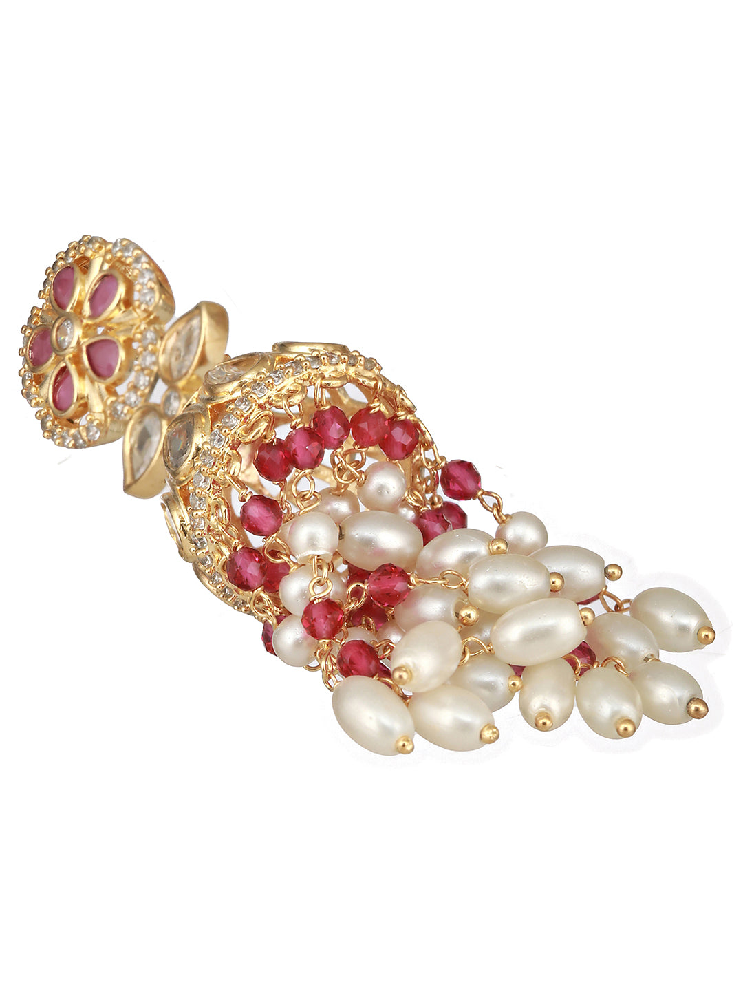 Gold Plated Red AD Studded Designer Floral Long Pearl Earrings