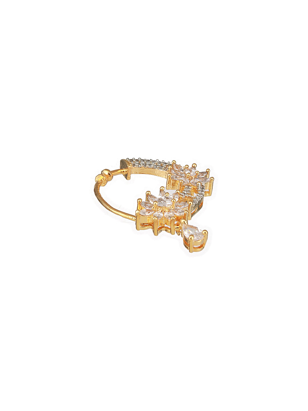 Gold Plated AD Studded Floral Pressing Nose Ring Nath