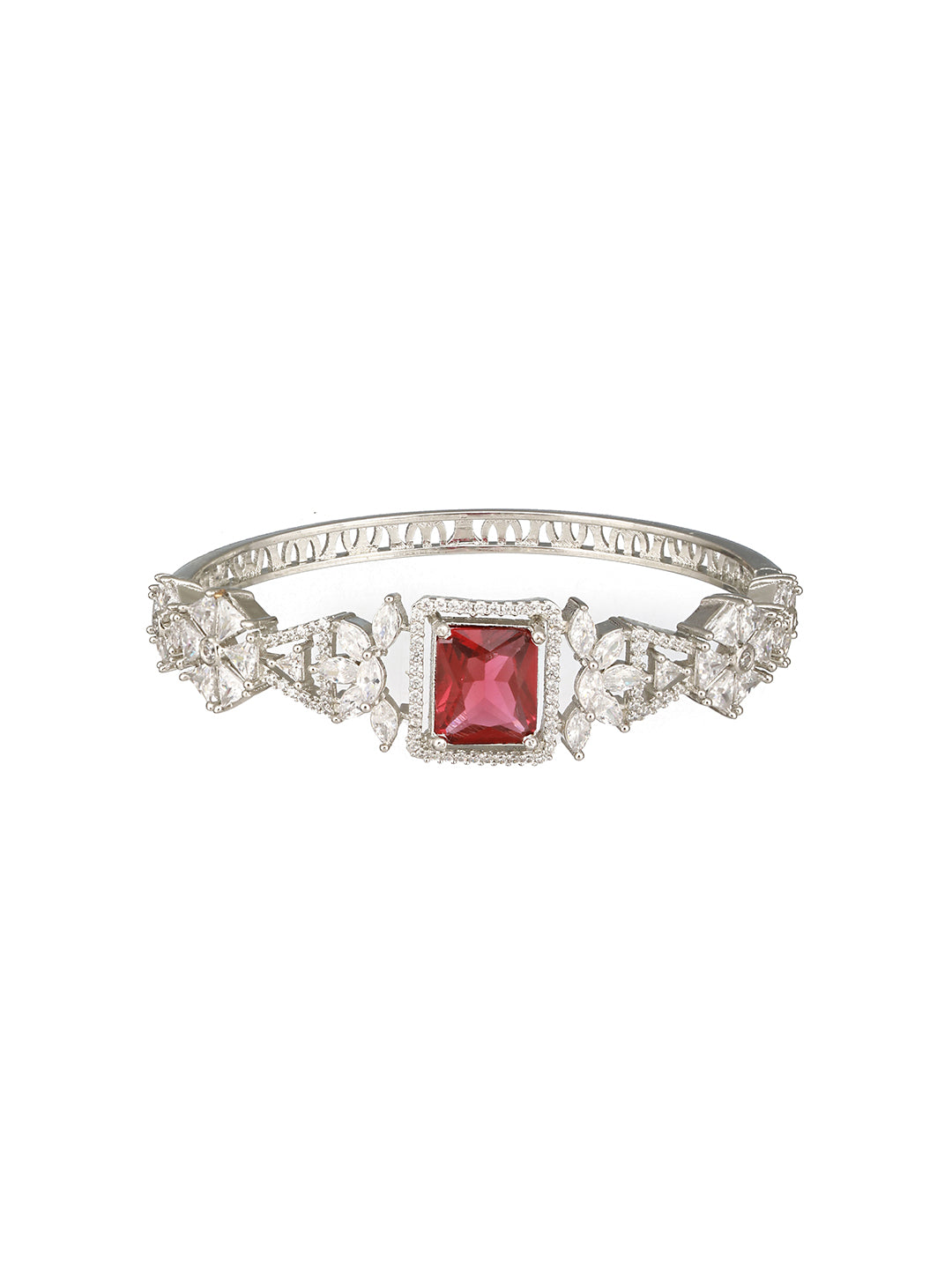Silver Toned Red Zircon Studded Designer Kada Bracelet