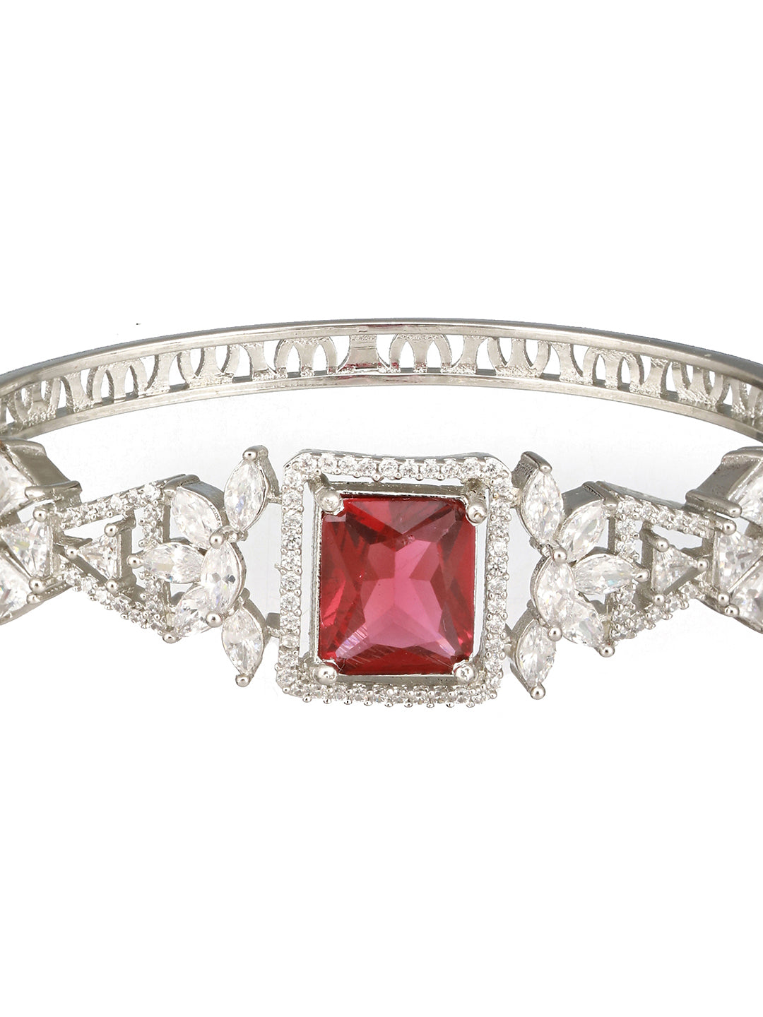 Silver Toned Red Zircon Studded Designer Kada Bracelet