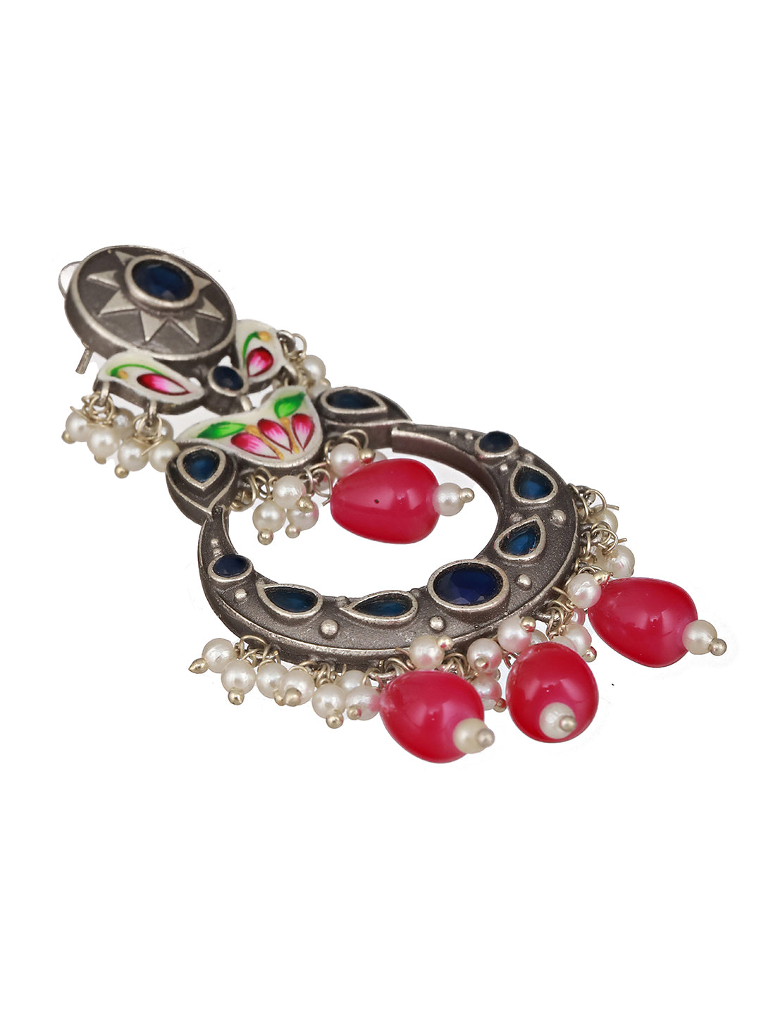 Silver Oxidised Pearl Beaded Hand Painted Crescent Chandbali  Earrings