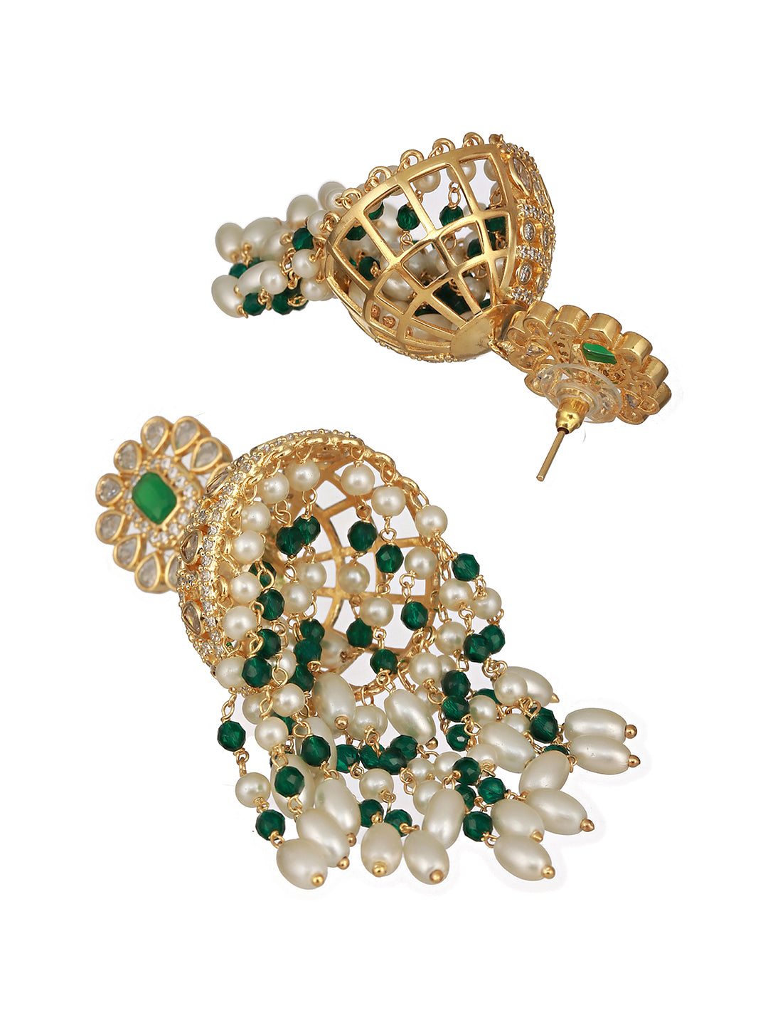 Gold Plated Green Zircon Pearl Beaded Contemporary Jhumka Earrings