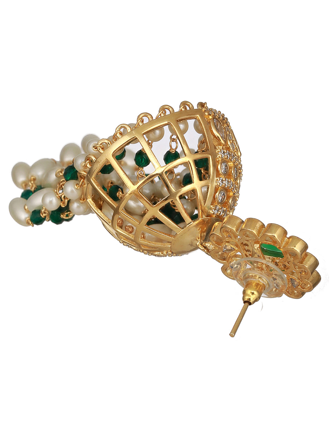 Gold Plated Green Zircon Pearl Beaded Contemporary Jhumka Earrings