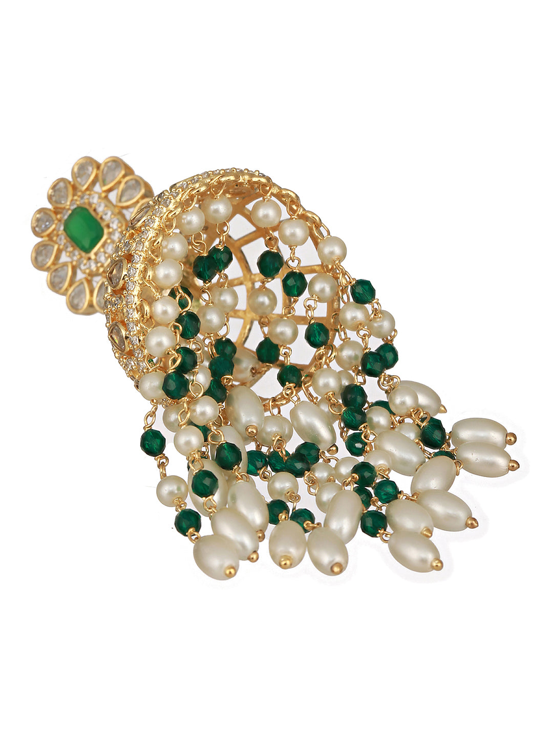 Gold Plated Green Zircon Pearl Beaded Contemporary Jhumka Earrings