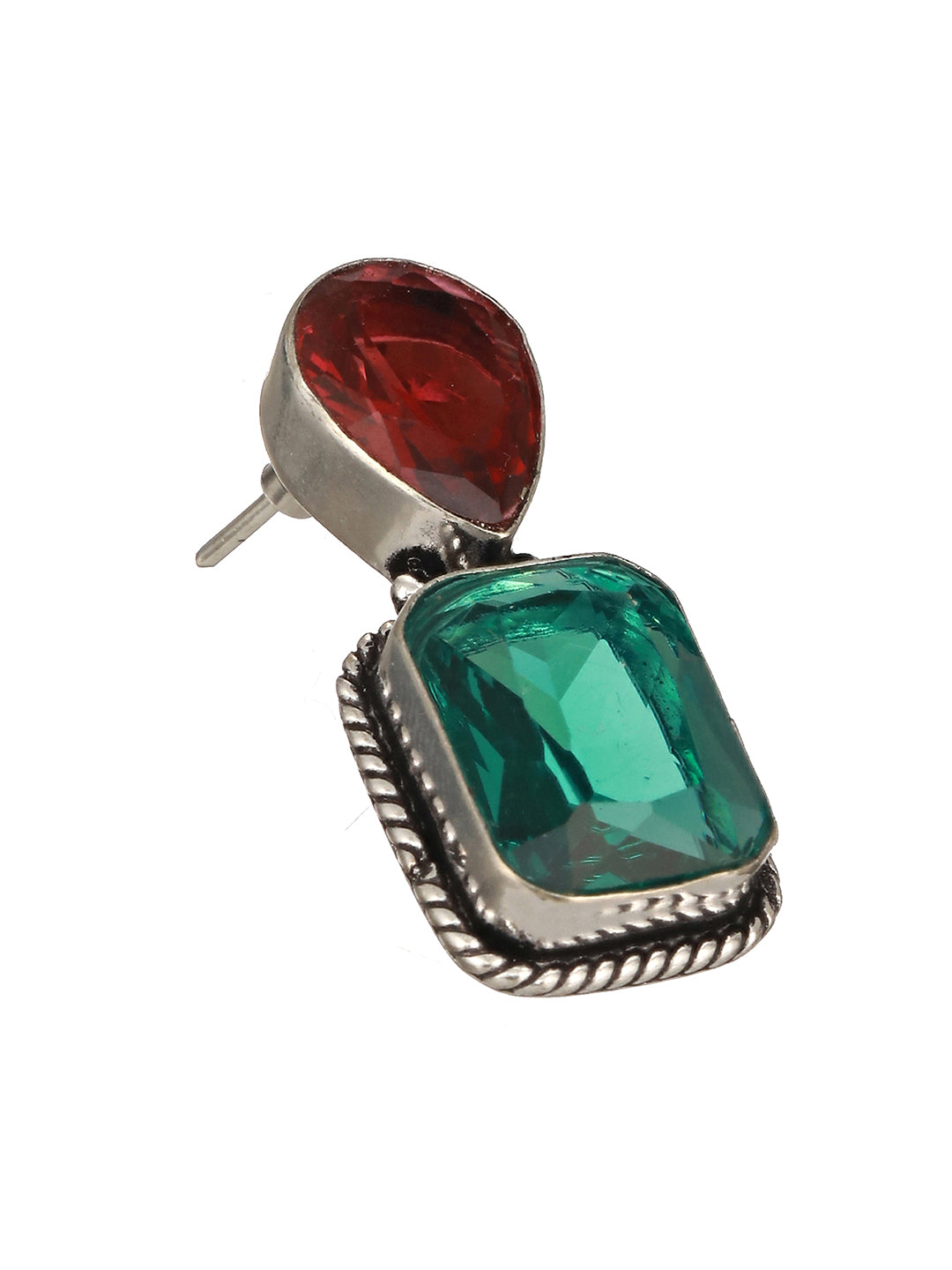 Silver Plated Red & Green AD Minimal Luxe Drop Earrings