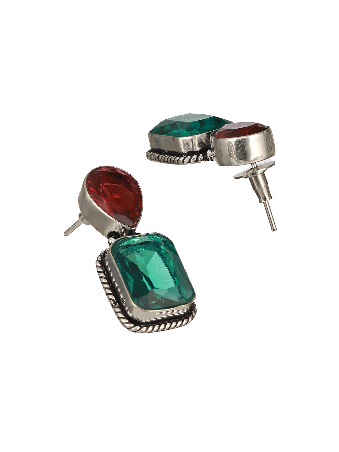 Silver Plated Red & Green AD Minimal Luxe Drop Earrings