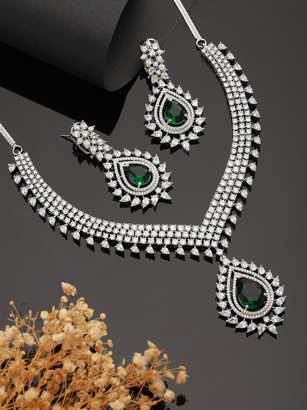 Silver Toned Green Emerald Studded Designer Bridal Necklace Jewellery  Set